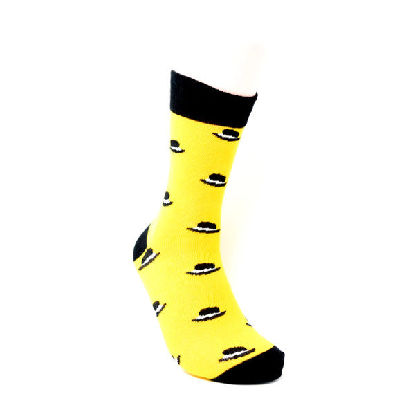 Yellow sock with black top hats.