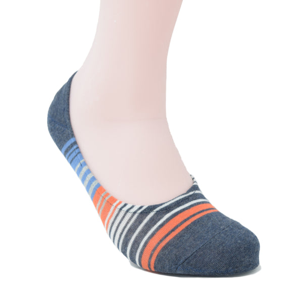 Navy no-show sock with multiple coloured stripes.