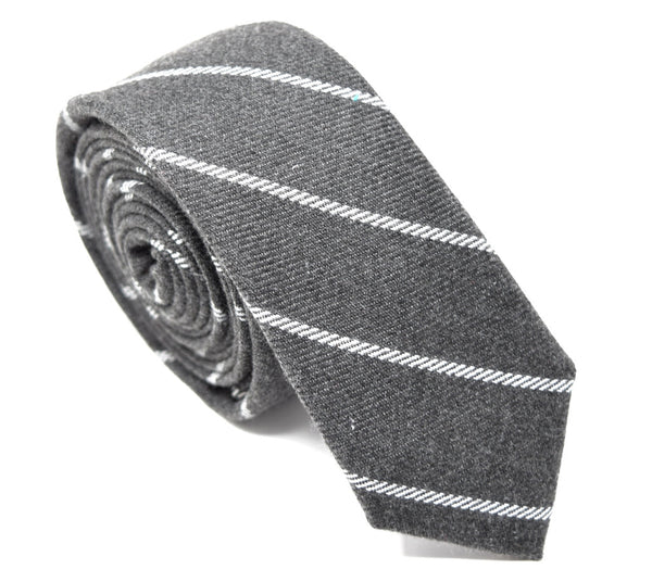 2.5" handmade cotton tie, grey with white stripes.