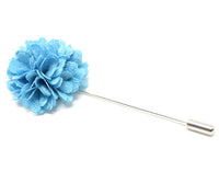 A bue flower lapel pin for a suit.