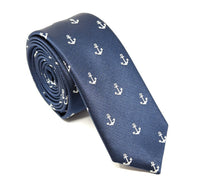 Handmade polyester, navy tie with small white anchors.