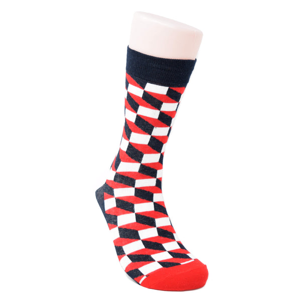 This sock features red, black and white checkerboard pattern.
