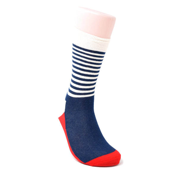 Navy sock with white stripes and red accents. 