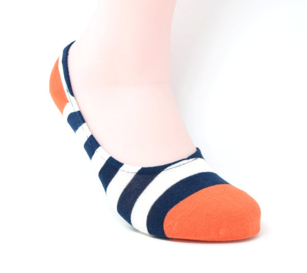No-show sock with large navy and white stripes with an orange toe and heel.