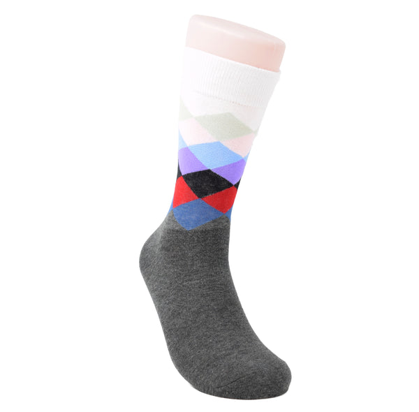 Grey sock with red, black, purple, and white diamonds above the ankle.
