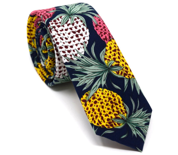 Navy tie with coloured pineapples.