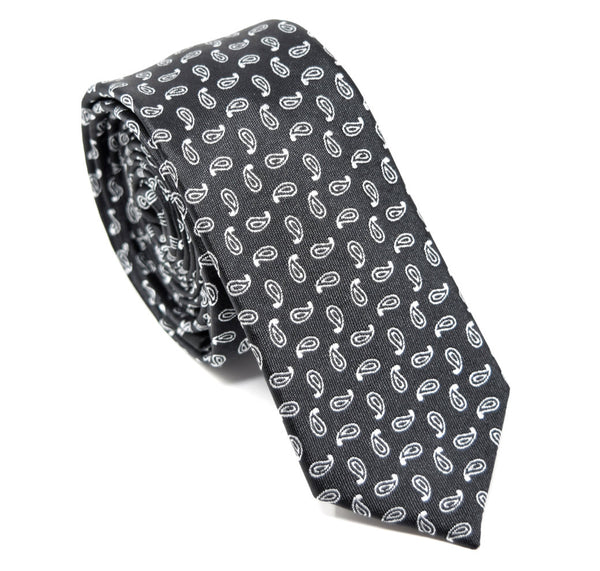 Black tie with small white paisley pattern.