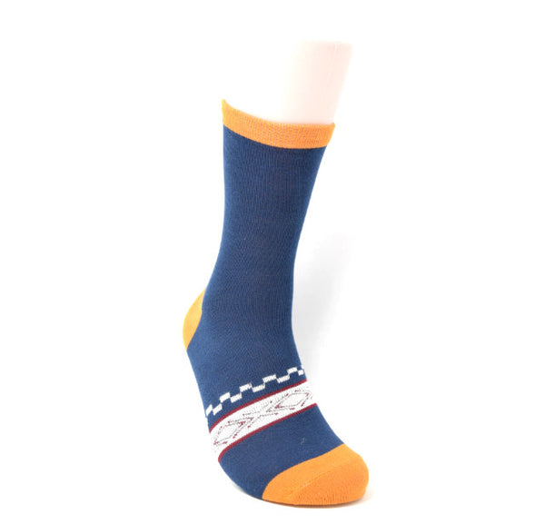 Navy sock with a gold trim, heel, and toe. A maroon and white stripe adds some additional flare.