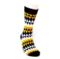 White sock with gold stripes and black diamonds.