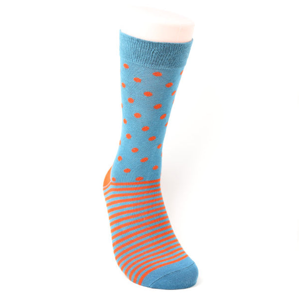 Blue sock with orange polka-dots and stripes.