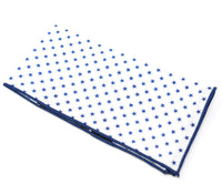Rodeo Drive is a white pocket square with small blue stars and blue trim.