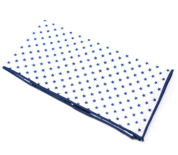 Rodeo Drive is a white pocket square with small blue stars and blue trim.