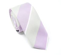 Handmade polyester tie with large purple and grey stripes.