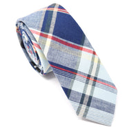 Navy, red, and white plaid tie.