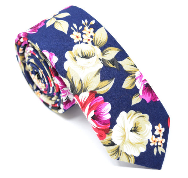 Navy tie with large floral pattern.