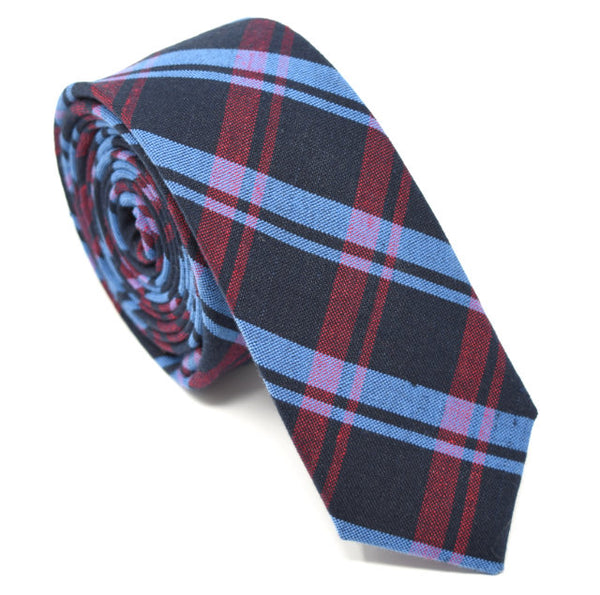 Dark blue tie with blue and red plaid.