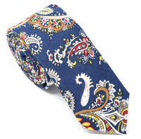Blue tie with a gold paisley pattern.