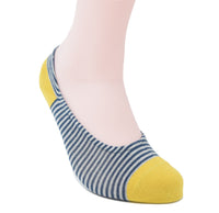 No-show sock with a yellow toe and heel. The sock also has blue and white stripes.