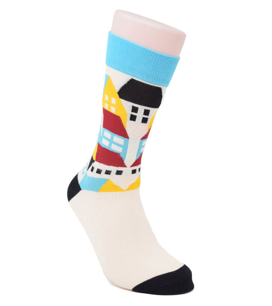 White socks with buildings above the ankle and black toe and heel.